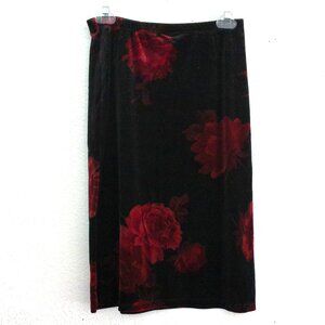 J.T.B, Black/red floral velvet midi  skirt, with gold glitters